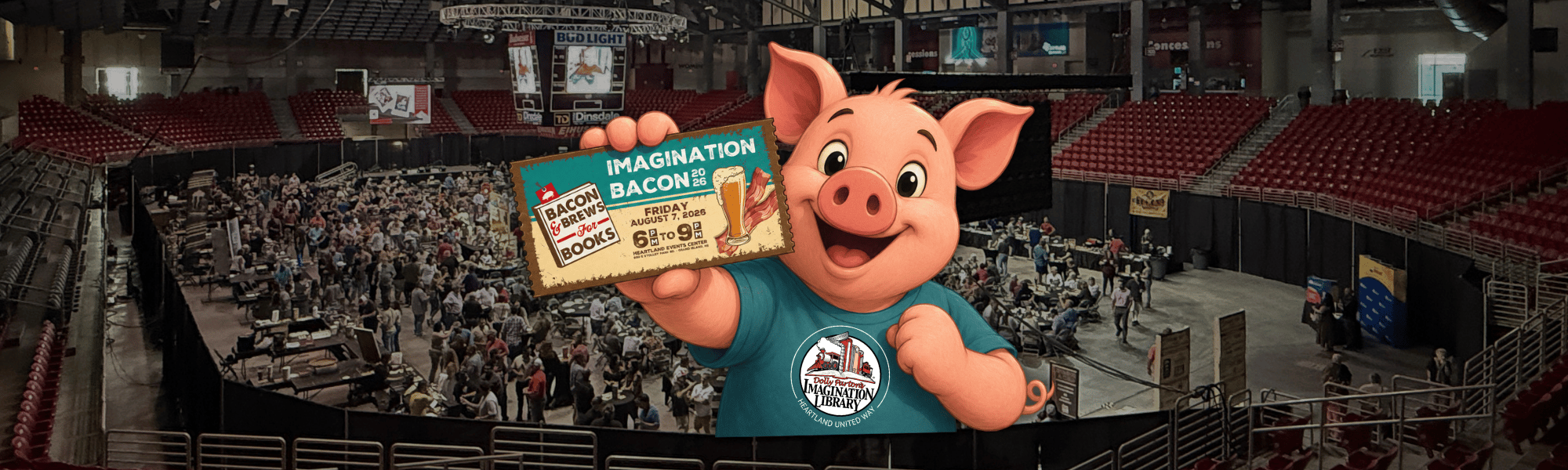A pig wearing a Dolly Parton's Imagination Library shirt holds up an Imagination Bacon ticket. 
