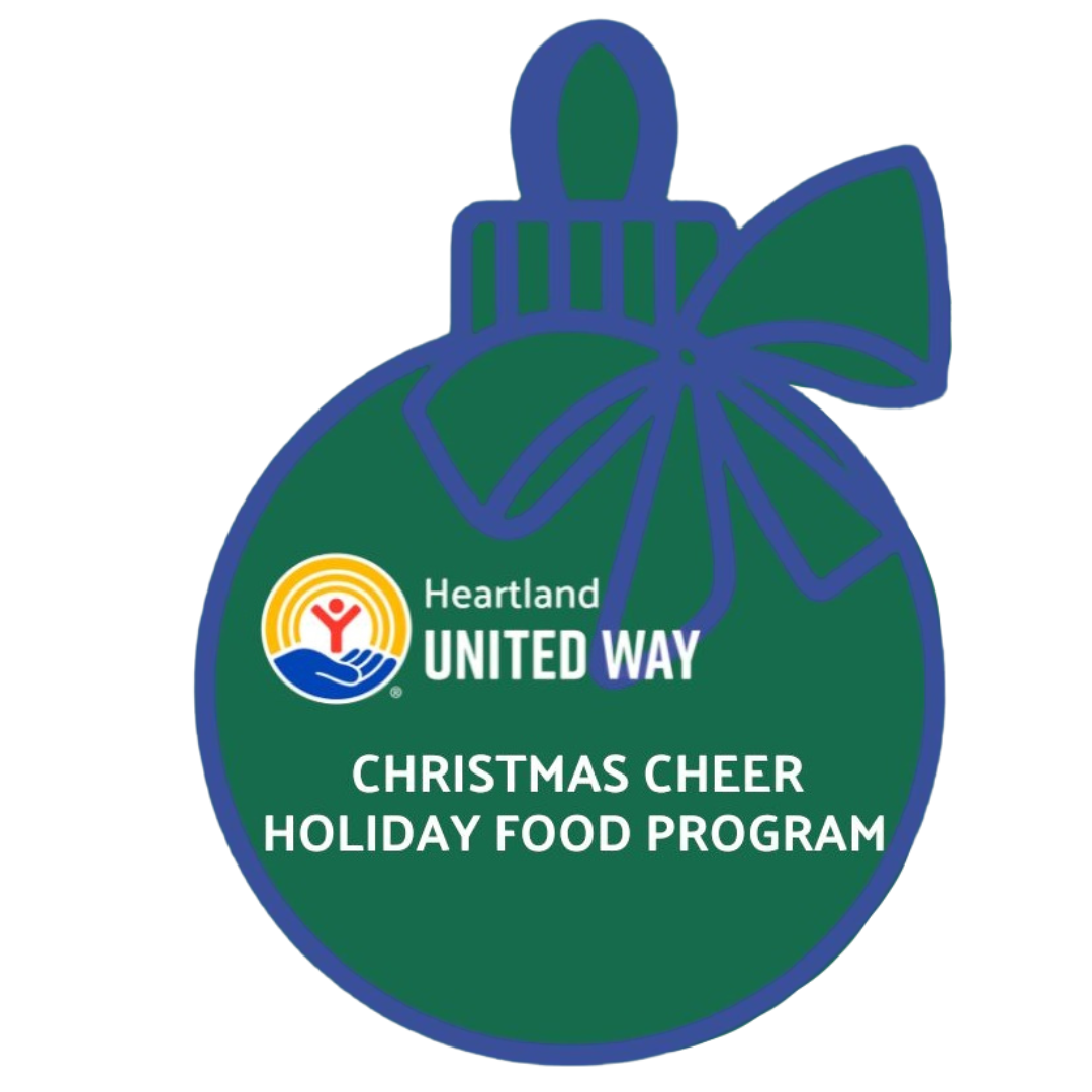 Christmas Cheer Holiday Food Program logo with green ornament and Heartland United Way logo
