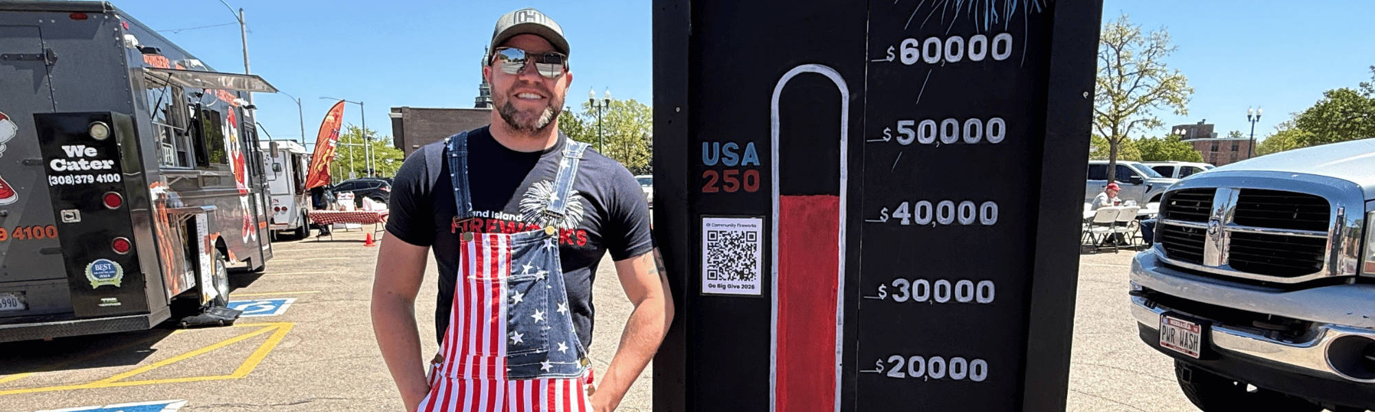 A Grand Island Community Fireworks organizer stands in front of a fundraiser thermometer. 