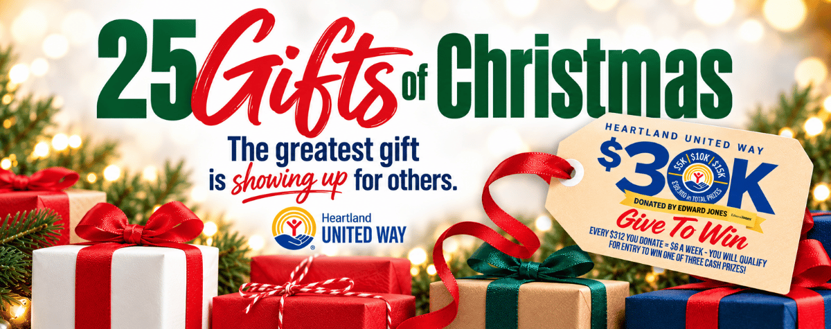 Presents with the words 25 Gifts of Christmas. The greatest gift is showing up for others.