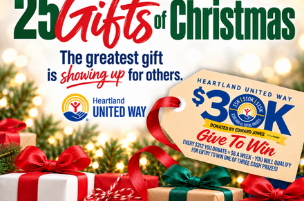Presents with the words 25 Gifts of Christmas. The greatest gift is showing up for others.