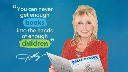 Dolly Parton with her book and the quote "You can never get enough books into the hands of enough children."
